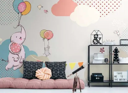 Carta da parati con elefanti, topolini e palloncini colorati Colour me baby WPC 727 di Caos Creativo by Rossi&Co