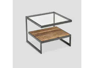 Tavolino Iride con struttura in metallo finitura Grafite, top in Cristallo e ripiano in legno massello di Conifera finitura Old Pine di Dialma Brown