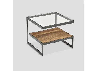 Tavolino Iride con struttura in metallo finitura Grafite, top in Cristallo e ripiano in legno massello di Conifera finitura Old Pine di Dialma Brown