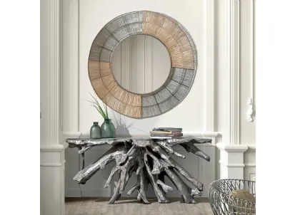 Specchio tondo Hidris con cornice in fusione di alluminio e rattan intrecciato, lavorato a mano di Dialma Brown