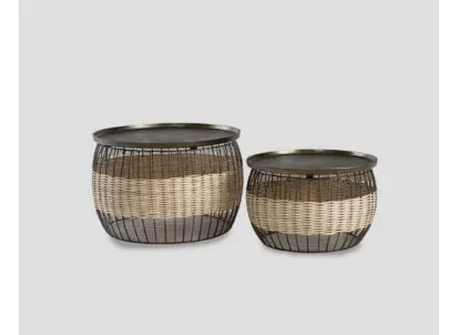Tavolini DB006265 2pz alluminio Antique Brass con rattan intrecciato di Dialma Brown
