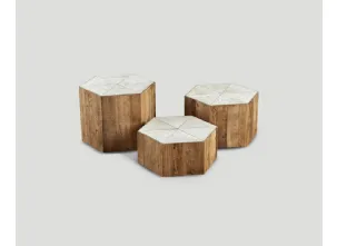 Tavolino esagonale Heka in legno massello con top effetto cemento di Dialma Brown