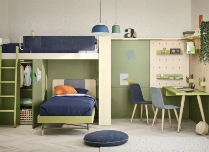 Cameretta a soppalco con scrivania Kids space 11 in melaminico di Nidi