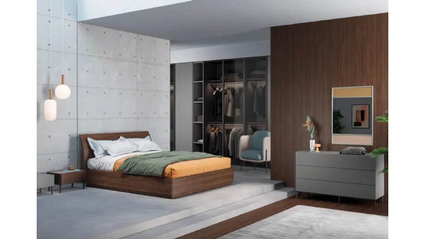 Letto in melaminico Noce con testiera arcuata Bend di Novamobili