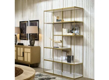 Libreria bifacciale Avola realizzata in metallo laccato Antique Gold con ripiani in Gres porcellanato finitura White Stone di Dialma Brown