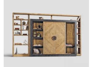 Libreria DB003537 porta scorrevole ripiani legno vecchio maniglia e finiture metallo di Dialma Brown