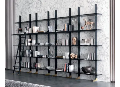 Libreria modulare componibile in trafilato di acciaio con mensole in laccato nero e scaletta Elegie di Misuraemme