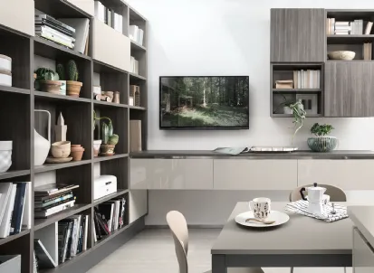 Libreria a muro Living finitura Cedro Scuro di Veneta Cucine