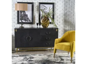 Madia Hamerigo realizzata in legno stratificato e laccato, rivestita in vera pelle color Ardesiato con base in metallo color ottone di Dialma Brown