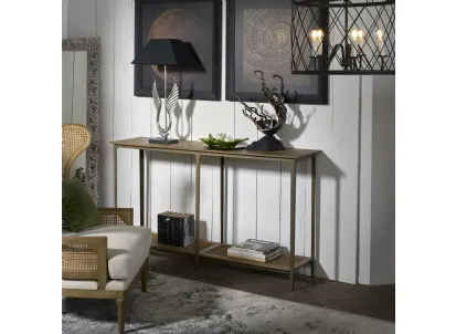 Mobile ingresso Consolle Andamane con top in legno stratificato e legno massello di Mindi, struttura in metallo color Light Brass e ripiano inferiore in paglia di Vienna di Dialma Brown