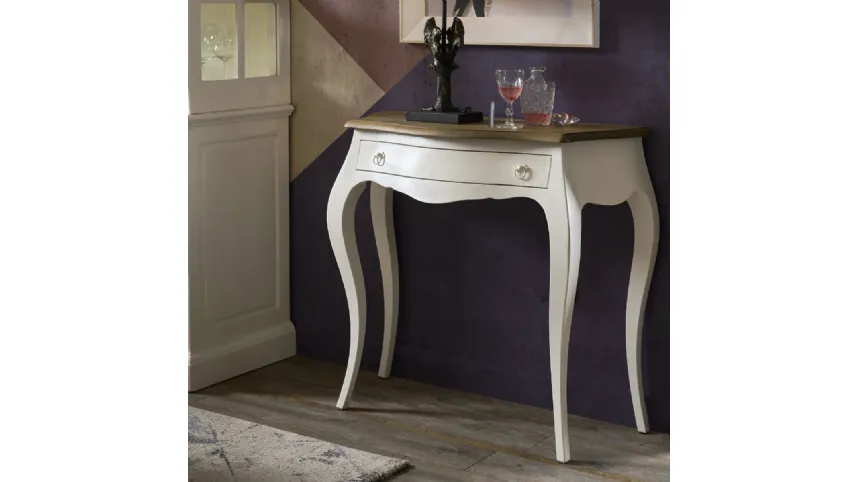 Mobile ingresso Consolle sagomata Atria realizzata in legno stratificato e legno massello laccato Bianco vissuto con top in legno massello di Rovere naturale di Dialma Brown