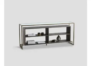 Mobile ingresso Consolle bifacciale Borealis con top in cristallo, realizzata in legno massello di Conifera colore Dark Grey e struttura in metallo di Dialma Brown