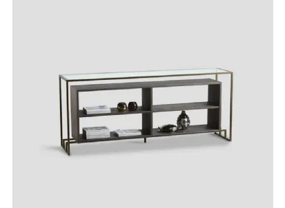 Mobile ingresso Consolle bifacciale Borealis con top in cristallo, realizzata in legno massello di Conifera colore Dark Grey e struttura in metallo di Dialma Brown