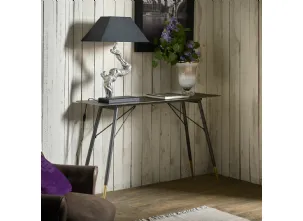 Mobile ingresso Consolle Doris in metallo laccato color grafite con bordo top screpolato effetto ottone e piedini in ottone di Dialma Brown