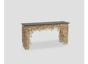 Mobile ingresso Consolle Millefoglie con top in Grey Stone e struttura in metallo forgiato a mano con motivo color Gold di Dialma Brown