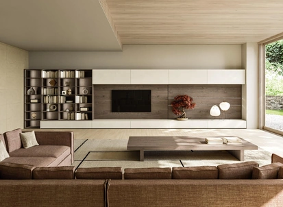 Parete Attrezzata Modula Composizione 02 in ceramica bianco calce e impiallacciato rovere di Snaidero