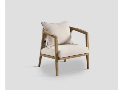 Poltroncina in legno con schienale in paglia di Vienna con seduta e cuscino rivestiti in tessuto Haway di Dialma Brown