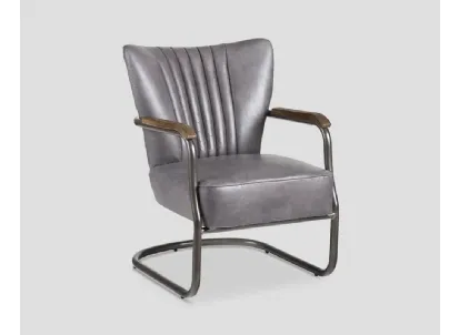 Poltroncina imbottita Rockford in pelle vera con struttura in metallo e braccioli in legno di Dialma Brown