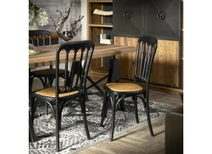 Sedia Gabriela in legno massello laccato Black Vintage con seduta in cannettato intrecciato di Dialma Brown