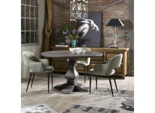 Tavolo tondo Amarilli realizzato in legno stratificato e legno massello di Conifera finitura Dark Grey di Dialma Brown