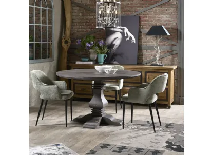 Tavolo tondo Amarilli realizzato in legno stratificato e legno massello di Conifera finitura Dark Grey di Dialma Brown