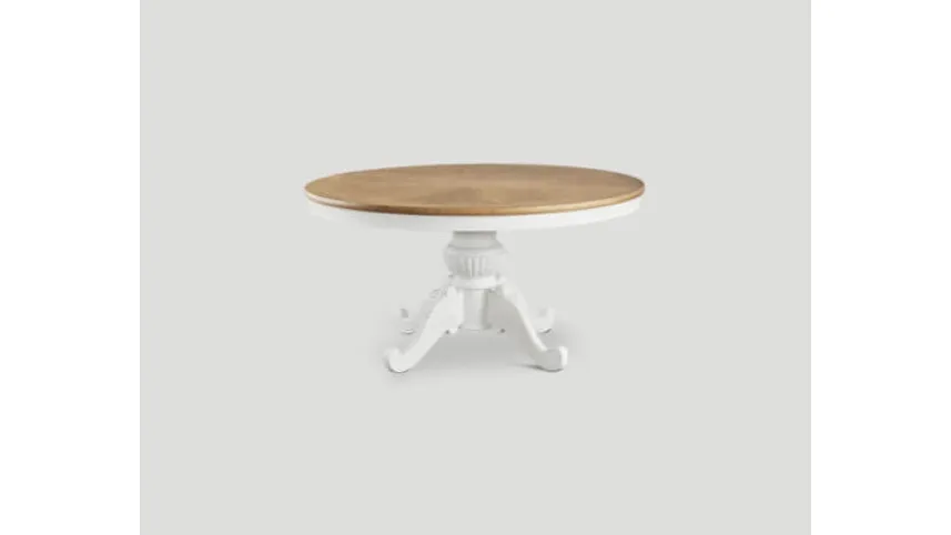 Tavolo DB004857 tondo base laccata bianco vissuto e top rovere vintage chiaro di Dialma Brown