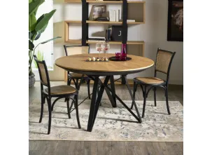 Tavolo tondo allungabile Eros con top in legno stratificato di Rovere naturale e base in metallo color Grafite di Dialma Brown