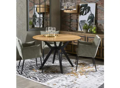 Tavolo tondo Furio realizzato in legno stratificato e legno massello di Rovere naturale con struttura in legno color Grafite di Dialma Brown