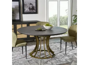 Tavolo tondo Keros con basamento in metallo finitura Antique Gold e top in legno stratificato di Conifera finitura Dark Grey di Dialma Brown