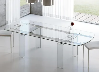 Tavolo allungabile Lord con piano oblungo totalmente realizzato in cristallo temperato di Riflessi