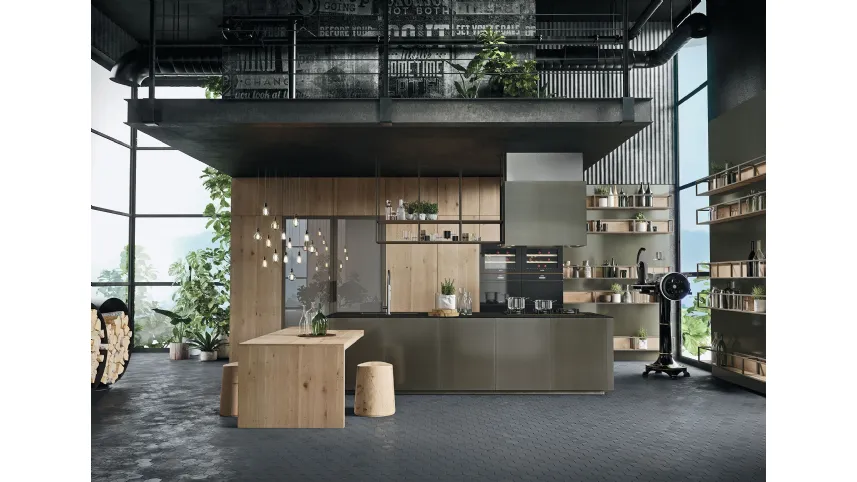 Cucina Design con penisola Opera 02 in acciaio e materico rovere di Snaidero