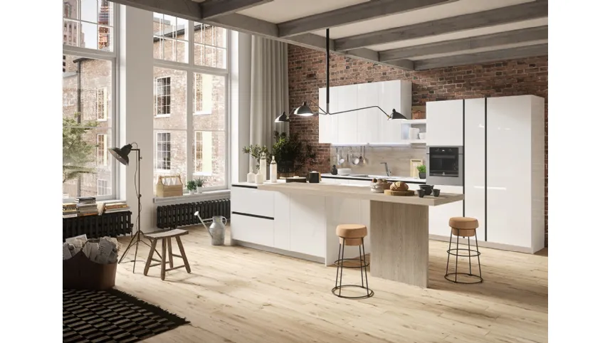 Cucina Design con isola centrale in materico rovere e laccato lucido First di Snaidero