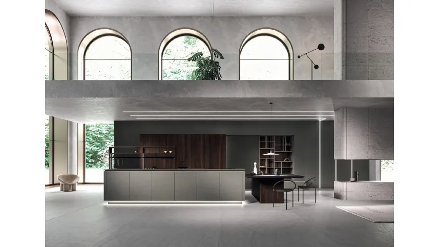 Cucina Design lineare Way Materia 01 in gres porcellanato effetto calce tortora di Snaidero