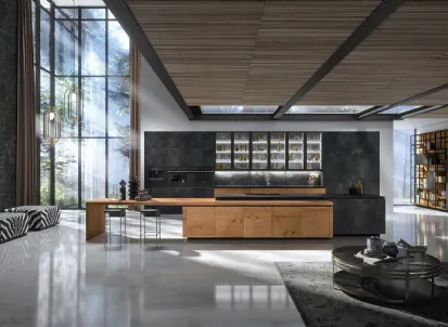 Cucina Design con isola Way Materia 02 in gres porcellanato e materico rovere di Snaidero