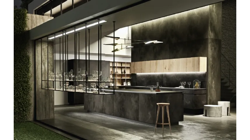 Cucina Design con isola Way Materia in gres Ossido Nero di Snaidero