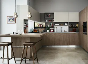 Cucina Moderna Ethica angolare in finitura Quercia Medio Dek e Silk Grigio Tortora di Veneta Cucine