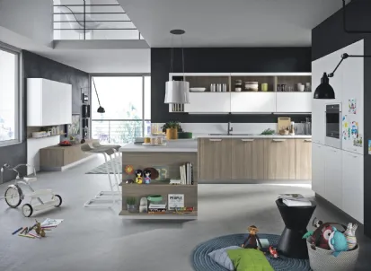 Cucina Moderna con penisola Fun in materico rovere e laccato bianco di Snaidero
