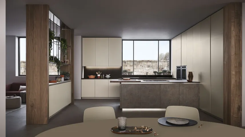Cucina Moderna Lounge con isola in laccato Grigio Corda e Noce Nodoso di Veneta Cucine