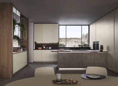 Cucina Moderna Lounge con penisola in laccato Grigio Corda e Noce Nodoso di Veneta Cucine