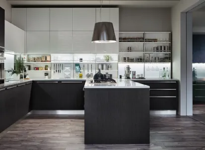 Cucina Moderna con penisola Extra in Rovere Grafite e laccato lucido Bianco Puro di Veneta Cucine