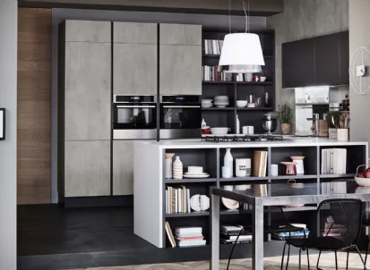 Cucina Moderna con penisola Oyster 08 in melaminico Beton Grigio e laccato Ardesia di Veneta Cucine