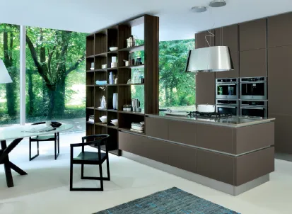 Cucina Moderna Ri-flex 07 con isola in vetro laccato opaco Marrone Oliva di Veneta Cucine