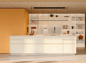 Cucina Moderna con penisola Sakura 11 in Frassino laccato Bianco e laccato opaco Pesca di Veneta Cucine