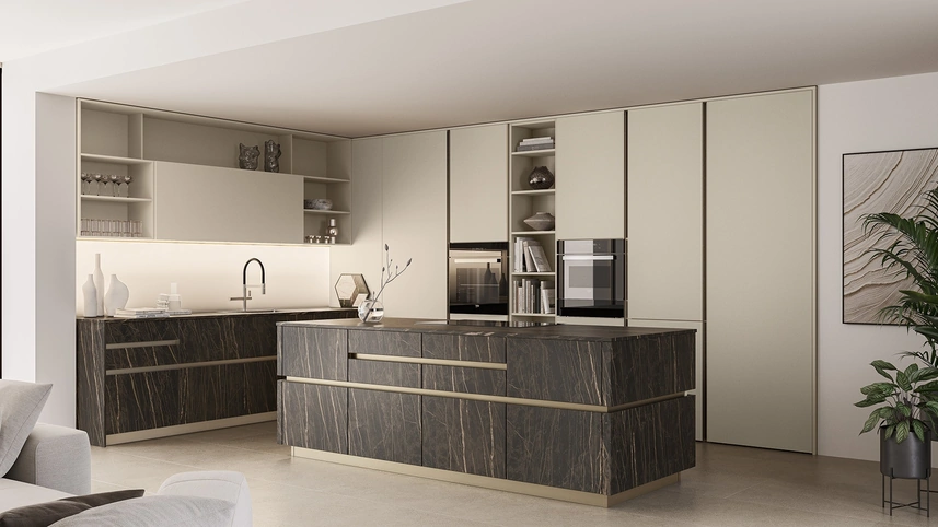 Cucina Moderna con isola Iconica 04 in laccato e ceramica di Veneta Cucine