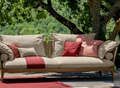 Divano lineare in legno di teak e tessuto Cruise Teak di Talenti