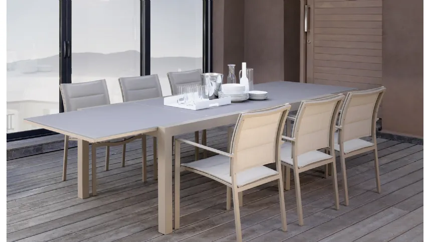 Tavolo allungabile in vetro e alluminio con sedie in tessuto e alluminio Touch di Talenti